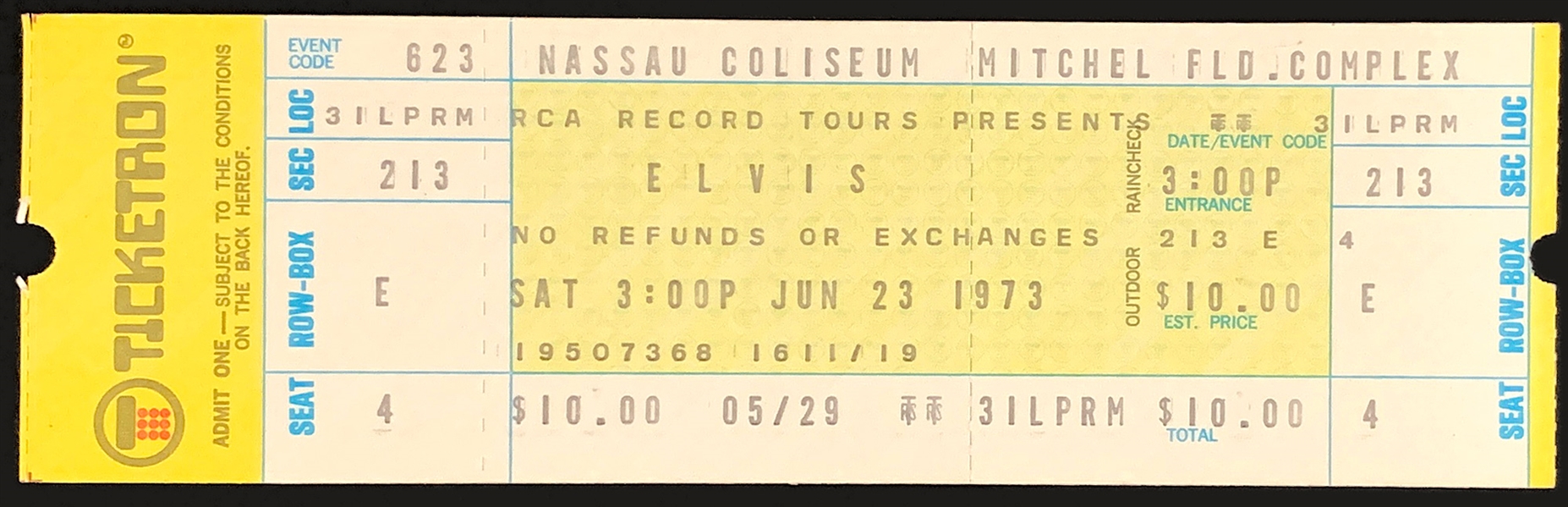 Elvis Presley FULL Ticket for June 23, 1973 Concert at Nassau Coliseum in Uniondale, NY