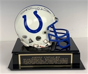 Johnny Unitas Signed Mini Colts Helmet (PSA/BAS) with Career Stats Display