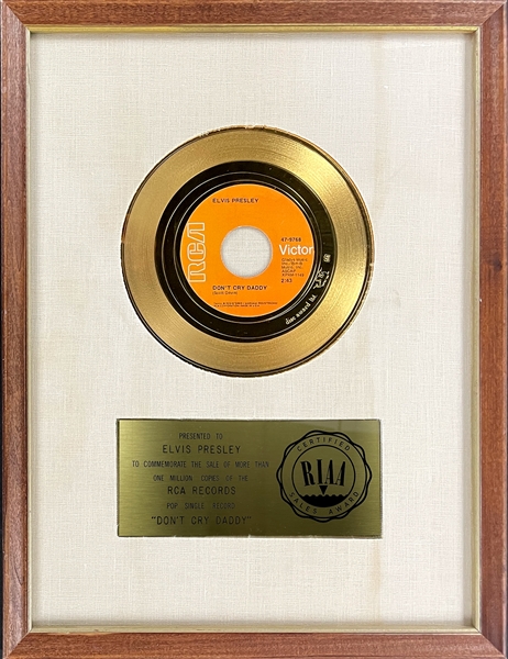 RIAA Gold Record Award for Elvis Presleys 1969 Single “Dont Cry Daddy” - Certified in 1970 - Early White Linen Matte Style