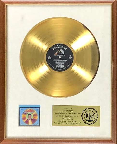 RIAA Gold Record Award for Elvis Presley 1963 LP <em>Elvis Golden Records Volume 3</em> - Certified in 1966 – Early White Linen Matte Style