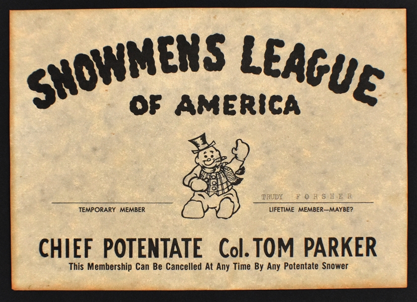 Trude Forsher’s Personal “Snowmens League of America” Certificate, Membership Card and Related Documents (5 Pieces)– From the Trude Forsher Archive