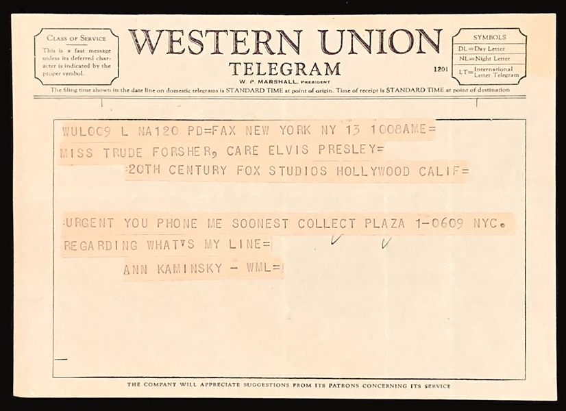 1956 Western Union Telegram Concerning Elvis Appearing on TV Show <em>Whats My Line</em>