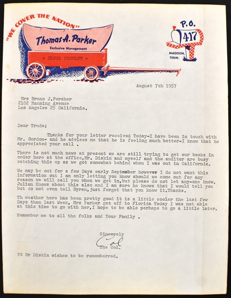 1957 Colonel Parker Signed Letter to Trude Forsher - “Forget that you know (were coming)”