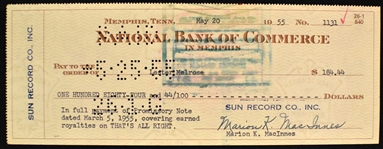 Sun Record Co. Check Written to and Signed by Legendary Blues Producer Lester Melrose Covering Earned Royalties for Elvis Presley’s Recording of “That’s All Right”*