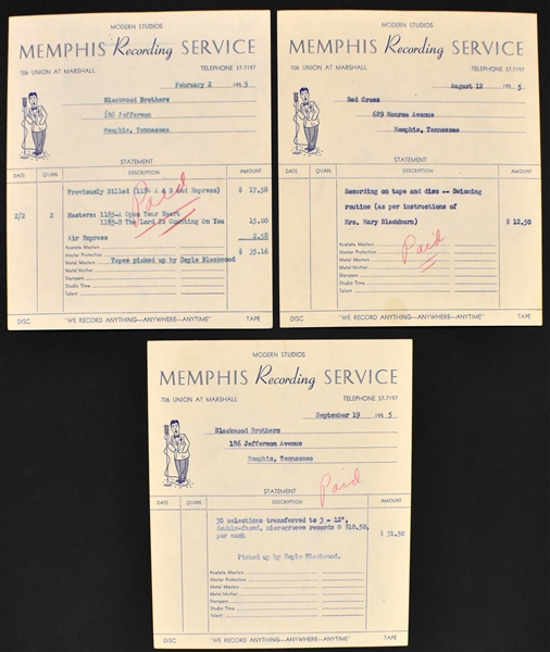 1955 Memphis Recording Service Invoice for The Blackwood Brothers Masters for Single “Open Up Your Heart”