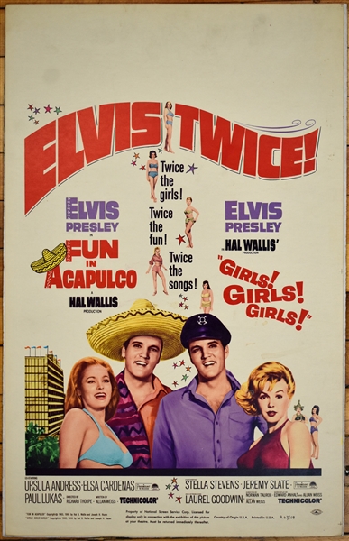 1967 <em>Fun in Acapulco</em> and <em>Girls! Girls! Girls!</em> Window Card Movie Poster – Starring Elvis Presley