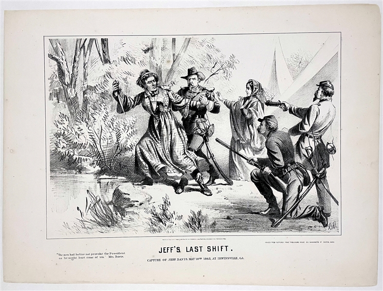 1865 J.H. Bufford Lithograph “JEFF”S LAST SHIFT” Picturing Confederate President Jefferson Davis Fleeing Disguised as a Woman