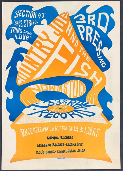 1966 RARE “Rag Records” Country Joe & The Fish Record Store Poster for Berkely Record Stores 