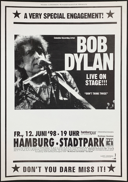 1998 Boby Dylan Concert Poster <em>Time Out of Mind</em> European Tour – Hamburg Stadtpark, Germany