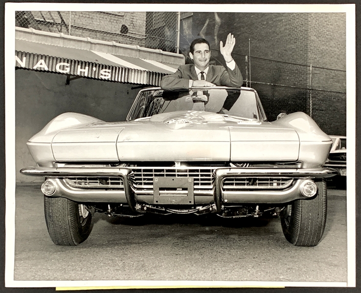 1965 Original News Service Photo (PSA/DNA Type I) of Sandy Koufax in His 1965 World Series <em>SPORT</em> Magazine Corvette