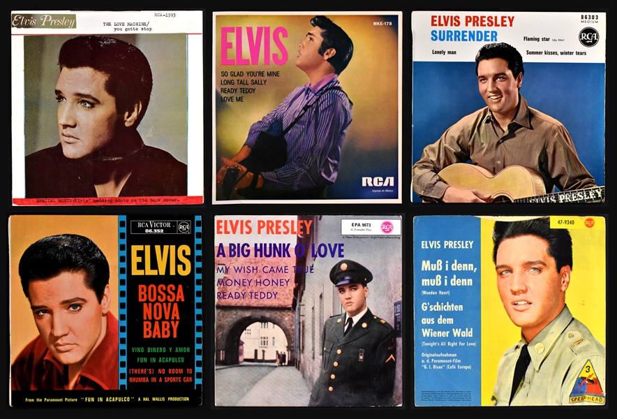 Collection of Six Elvis Presley RCA Import 45 RPM EPs and Singles from Mexico, France, and Germany