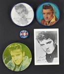 Four Elvis Presley Promotional Pins Plus Small Pocket B&W Photo with "Exclusive RCA Victor Recording Artist" Stamping on Back (5 items)
