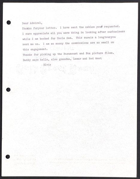1958 Typed Letter From Elvis Presley to Colonel Tom Parker – Typed by Presley Himself! -From The Trudy Forsher Collection