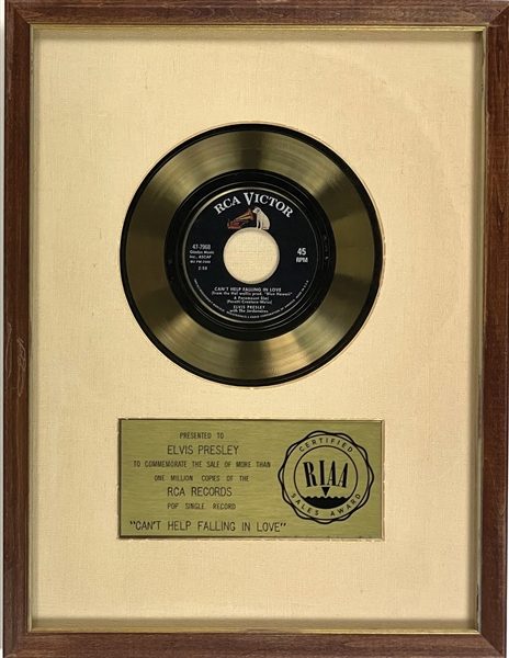 RIAA Gold Record Award for Elvis Presley’s 1961 Single “Cant Help Falling in Love” "To ELVIS PRESLEY" - Certified in 1962 - White Linen Matte Style