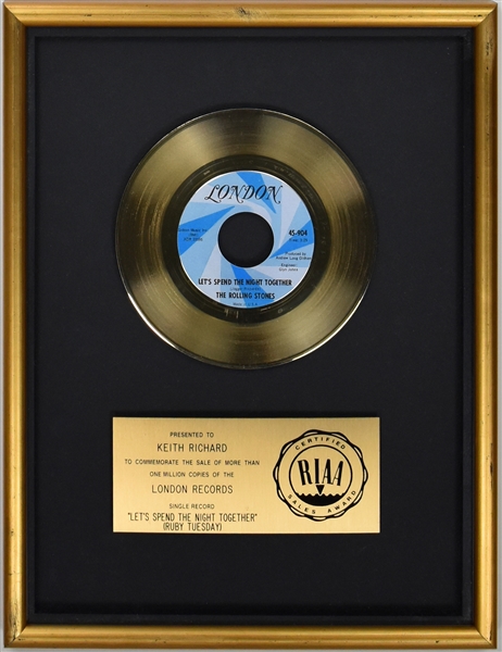 RIAA Gold Record Award for The Rolling Stones 1967 Single “Lets Spend the Night Together” - “To Keith Richard”