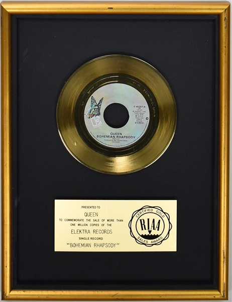 RIAA Gold Record Award for Queens 1975 Single “Bohemian Rhapsody” - “To Queen” - Certified in 1976
