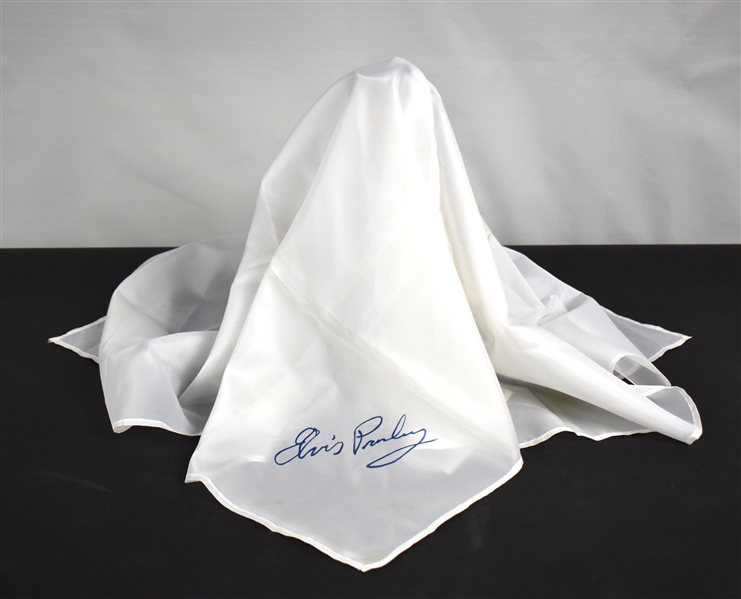 Elvis Presley Stage-Worn White Facsimile Signature Scarf Given to a Fan From the Stage at The Silverdome in Pontiac, Michigan on New Years Eve 1975