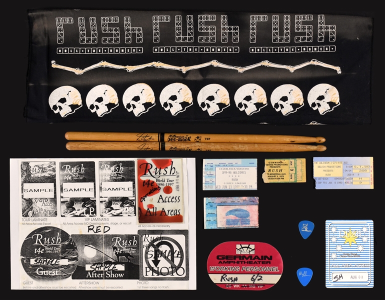 Neil Peart Stage-Acquired Drumsticks, Alex Lifeson Guitar Picks (2), RUSH “Working Personnel” Backstage Passes (3) and Other Tour Ephemera (12 Pieces Total)