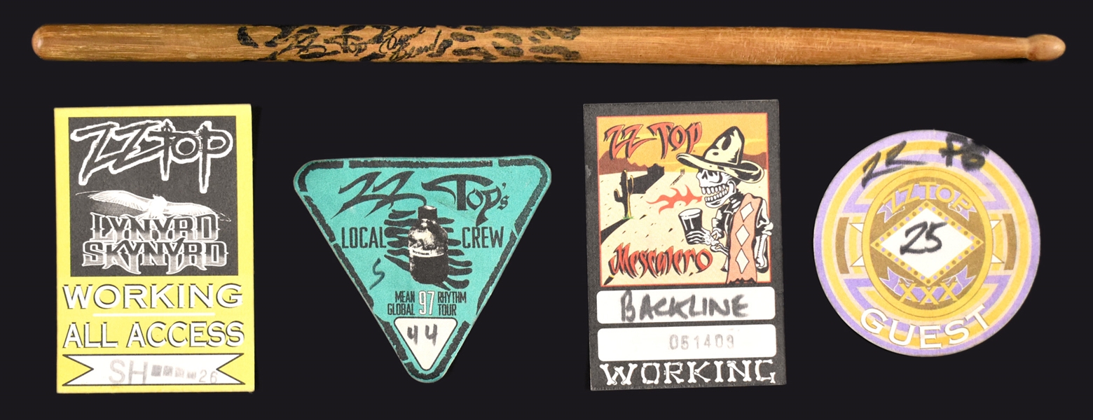 Frank Beard (ZZ Top) Stage-Used Drumstick Plus Four “WORKING CREW” Backstage Passes