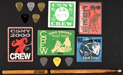 Frank Molina (Neil Young and Crazy Horse) Stage-Used Drumstick, “CREW” Backstage Passes for Neil Young and Crosby, Stills, Nash & Young, and Eight Stage-Acquired Guitar Picks (14 Pieces)