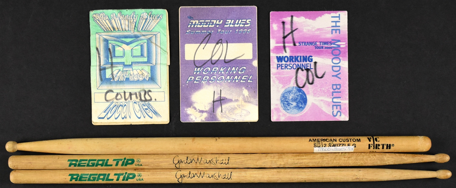Gordon Marshall (The Moody Blues) Stage-Used Drumsticks (3) Plus “LOCAL CREW” Backstage Passes (3)