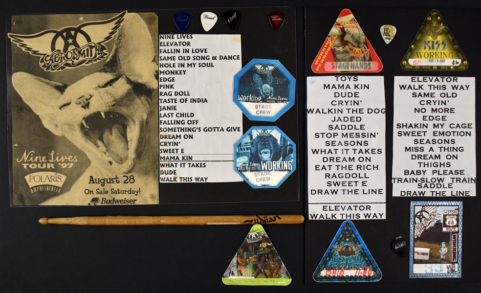 Aerosmith Stage-Used Set Lists (3), Joey Kramer Stage-Used Drumstick, “WORKING CREW” Backstage Passes (7) and Guitar Picks (6)