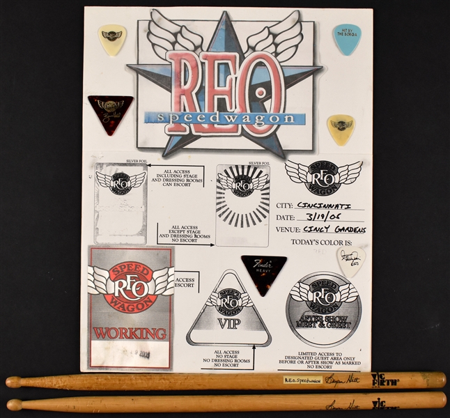 REO Speedwagon, Kansas and STYX Stage-Used Set Lists and Drumsticks (3), Plus Guitar Picks (27) and “WORKING CREW” Backstage Passes