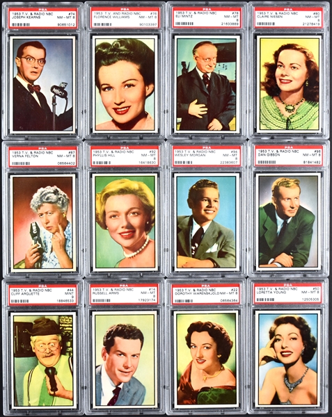 1953 Bowman "TV & Radio Stars of NBC" High-Grade Complete Set (96) Including 16 PSA NM-MT 8s and One PSA MINT 9 Plus 48 Duplicates