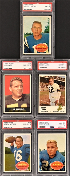 1960s Topps and Fleer Football PSA Graded Group of Five Incl. #1 Unitas PSA 6 and #74 Gifford PSA 8