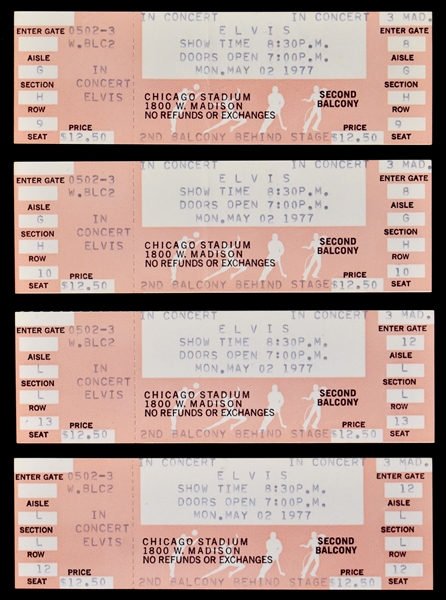 1977 Elvis Presley May 2, 1977 Chicago Stadium Concert FULL UNUSED Ticket Group of Four (4)