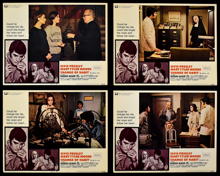 1969 <em>Change of Habit</em> Complete Set of 8 Lobby Cards and Half Sheet Movie Poster– Starring Elvis Presley and Mary Tyler Moore