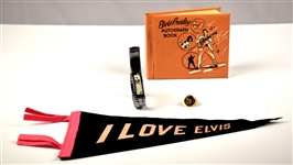 1956 Elvis Presley Enterprises Autograph Book, "I Love Elvis" Pennant, 1961 Elvis Bracelet and 1956 Elvis Ring