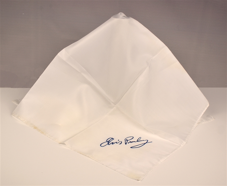 Elvis Presley Stage-Worn White Facsimile Signature Scarf Given to a Fan From the Stage at The Cleveland Coliseum in 1975