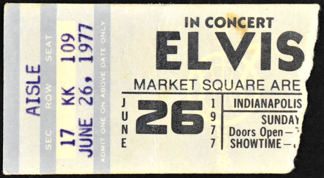 1977 Elvis Presley Ticket Stub for His LAST CONCERT June 26, 1977, at Indianapolis Market Square Arena