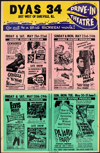 1964 <em>Roustabout</em> Local Window Card Movie Poster – Promoting 10 Films at a Drive-In Movie Theatre