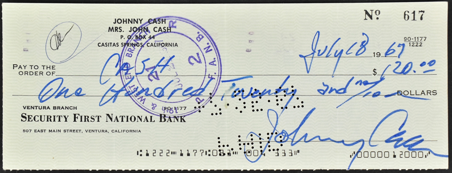Johnny Cash Signed Check for "CASH" (BAS)