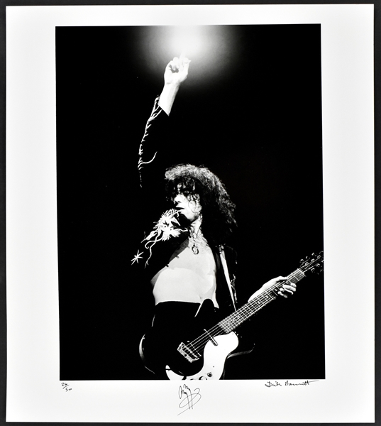 Jimmie Page Signed Limited Edition 16x20 Fine Art Print Performing at Earls Court Arena in 1975 (BSA) and Four Press Photos