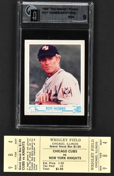1984 <em>The Natural</em> Roy Hobbs Promotional Baseball Card (Global MINT 9) and Prop "New York Knights" Wrigley Field Game Ticket