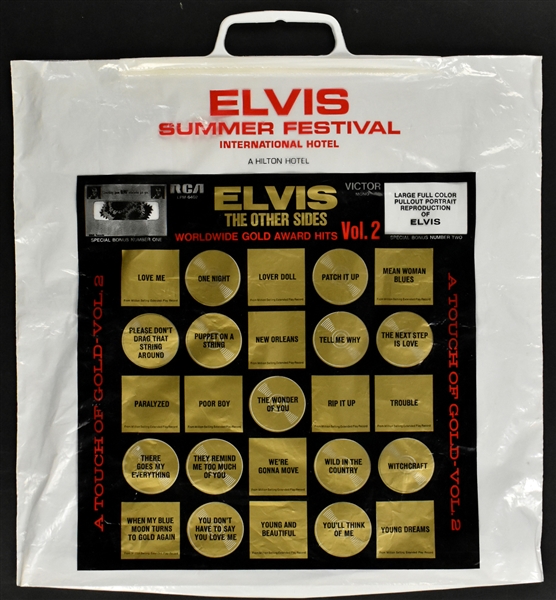 1971 Elvis Presley Las Vegas Summer Festival Concert Souvenir Plastic Bag Featuring <em>Elvis The Other Sides Worldwide Gold Award Hits Vol. 2</em>