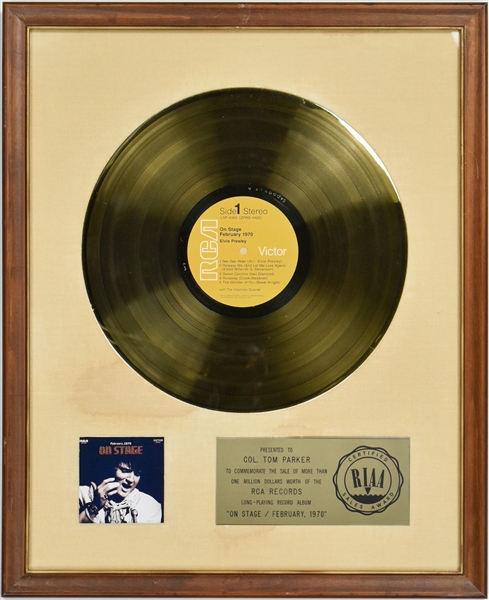 RIAA Gold Record Award for Elvis Presleys 1970 Live LP <em>On Stage, February 1970</em> - “Presented to Col. Tom Parker” – Early White Linen Matte Style