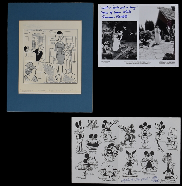 Cartoon Collection of Disney Illustrators and Artists Incl. Adriana Caselotti "Voice of Snow White", Animator Ward Kimball, Cartoonist Don Tobin (3 Pieces)