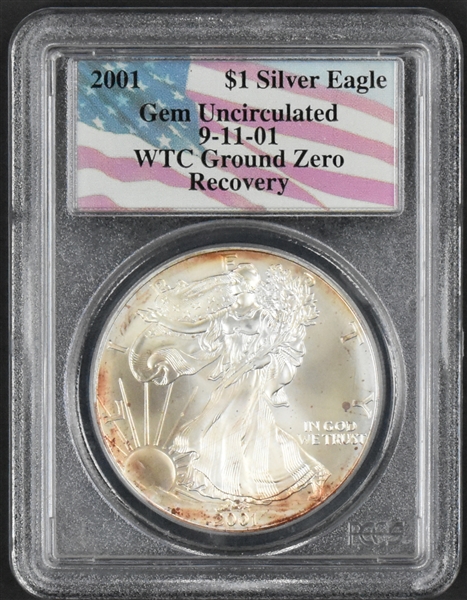 2001 $1 Silver Eagle PGCS GEM Uncirculated World Trade Center Ground Zero Recovery Coin Plus Two 9-11-Related 2001 Newspapers