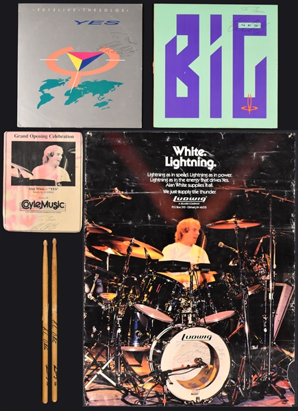 Alan White (YES Drummer) Signed YES Albums (2), Poster and Flyer Plus Stage-Used Drumsticks!