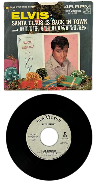 1965 Elvis Presley RCA Victor White Label  “Not For Sale” 45 RPM Single “Blue Christmas" / "Santa Clause Is Back In Town” with Picture Sleeve (447-0647) - <em>Elvis Christmas Album</em>