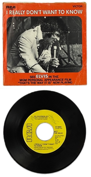 1970 Elvis Presley RCA Victor Yellow Label  “Not For Sale” 45 RPM Single “I Really Dont Want To Know" / "There Goes My Everything” with Picture Sleeve (47-9960) 