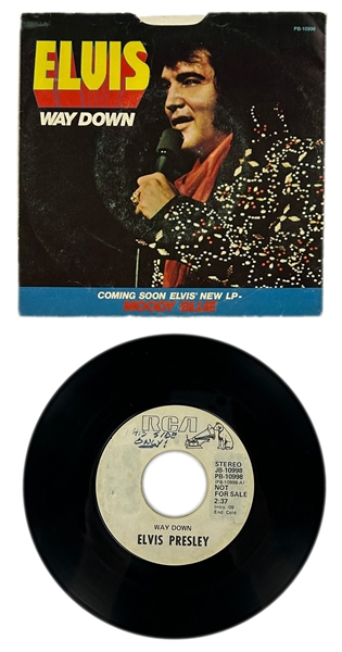 1977 Elvis Presley RCA Victor White Label “Not For Sale” 45 RPM Single “Way Down" / "Pledging My Love” with Picture Sleeve (JB-10998) - <em>Moody Blue</em>
