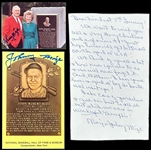 Johnny Mize Signed Yellow Hall of Fame Plaque and Signed Photo at His Baseball Hall of Fame Plaque (3 Items) (BAS)
