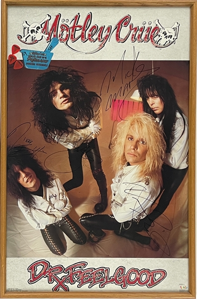 Motley Crue Band-Signed Poster (BAS) with "Working Personnel" Backstage Pass and Three Stage-Acquired Guitar Picks