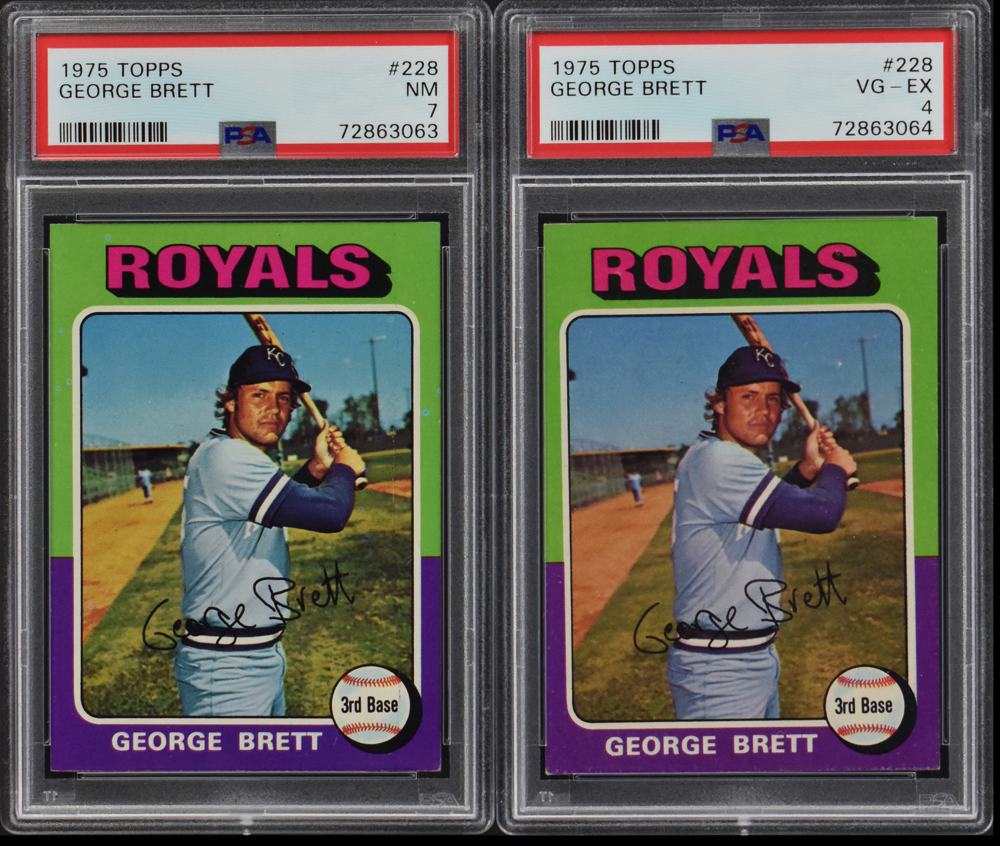 Lot Detail - 1975 Topps #228 George Brett Rookie Card Pair - PSA NM 7 & PSA  VG-EX 4