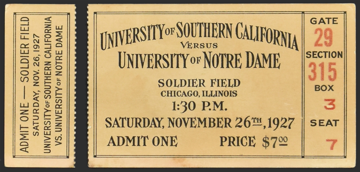 1927 Notre Dame Football FULL Ticket for November 26, 1927, Game vs. USC